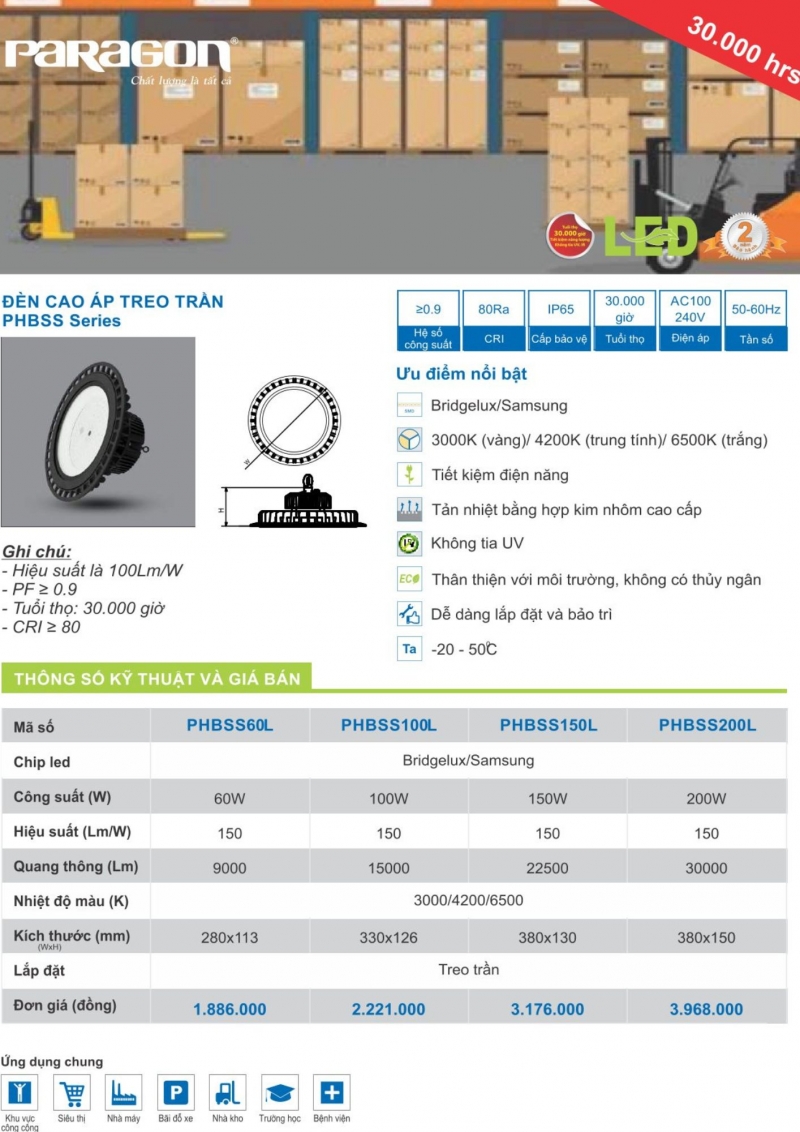 Đèn led nhà xưởng 150W PHBSS150L Paragon