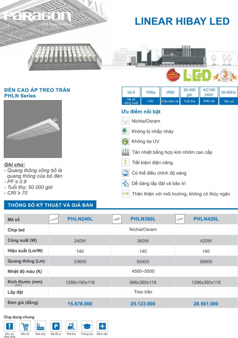 Đèn led nhà xưởng 240W PHLN240L Paragon