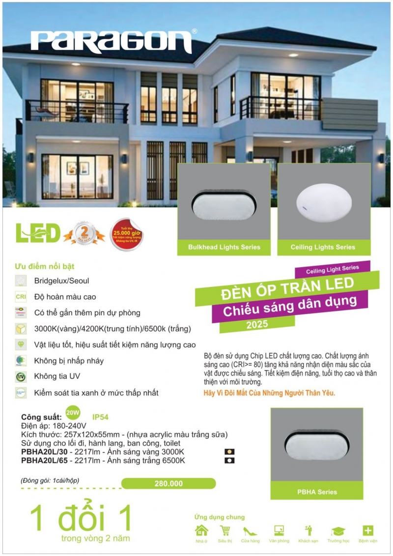 Đèn led ốp trần 20W PBHA20L/30 Paragon