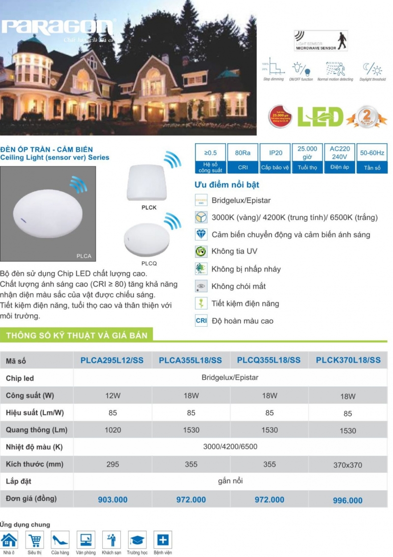 Đèn led ốp trần cảm biến 18W PLCQ355L18/SS Paragon