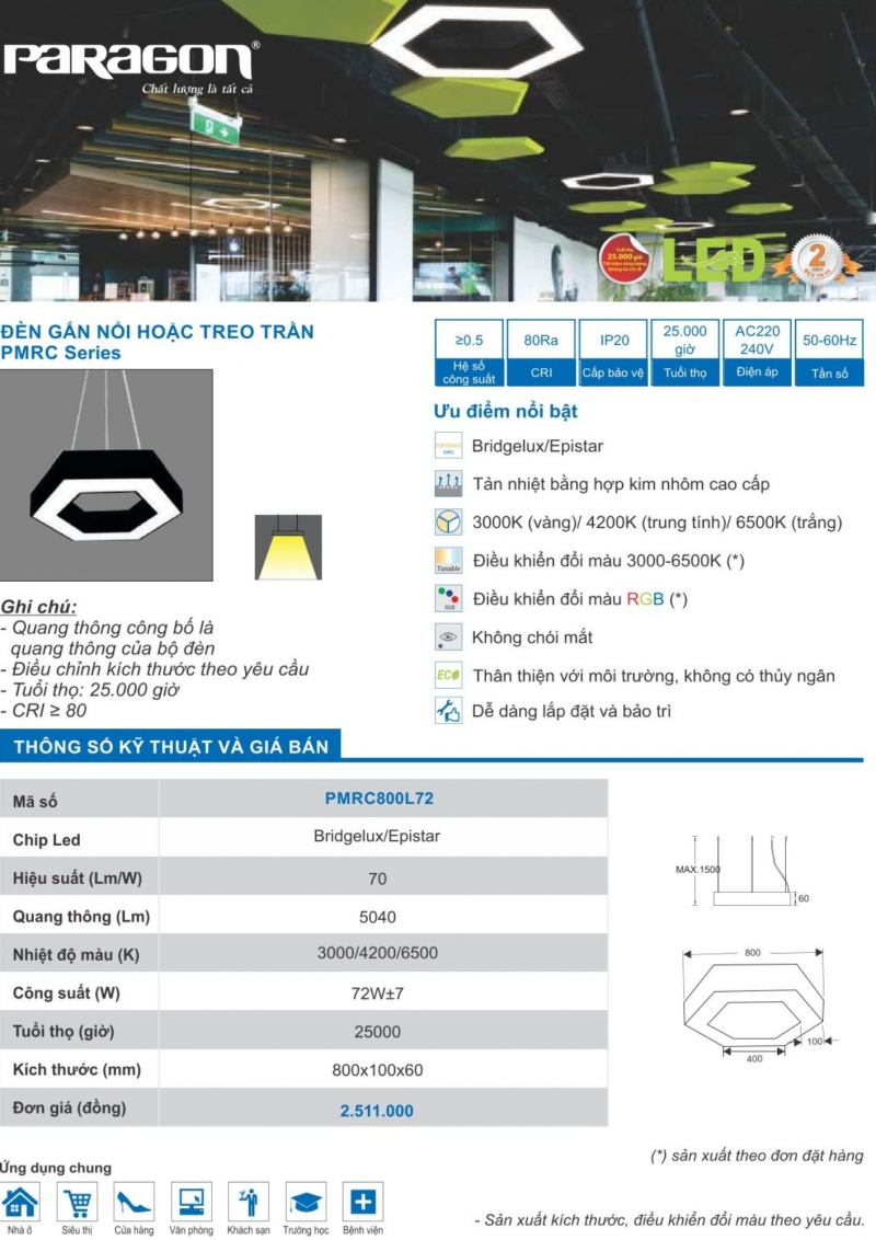 Đèn led ốp trần hoặc treo trần 72W PMRC800L72 Paragon