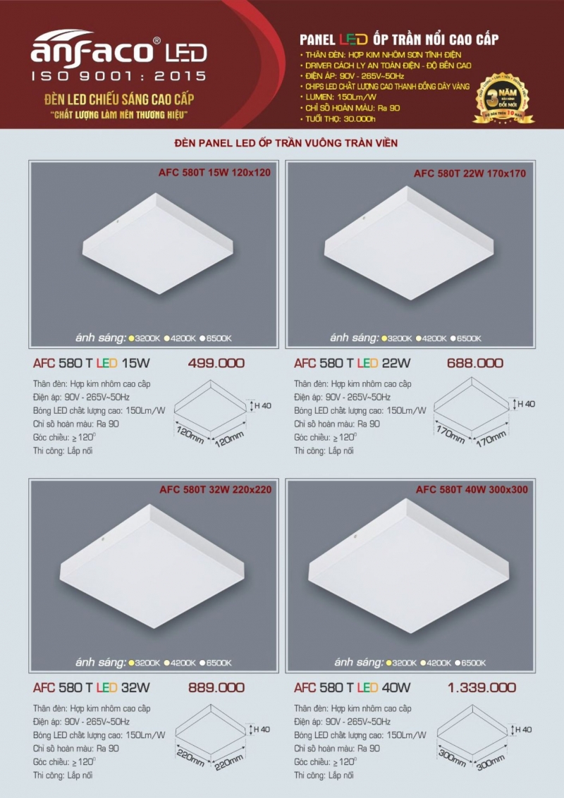 Đèn led ốp trần vuông 40W AFC 580 T Anfaco