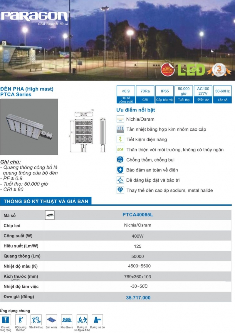 Đèn pha led sân tennis 400W PTCA40065L Paragon
