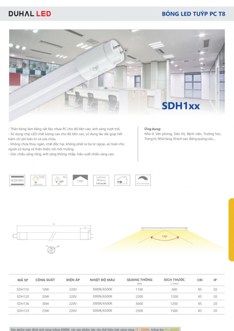 Đèn tuýp led T8 36W SDH136 1m2 Duhal