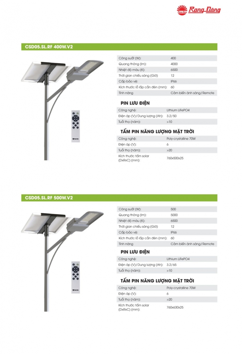 Đèn đường led năng lượng mặt trời CSD05.SL.RF 500W.V2 Rạng Đông IP66