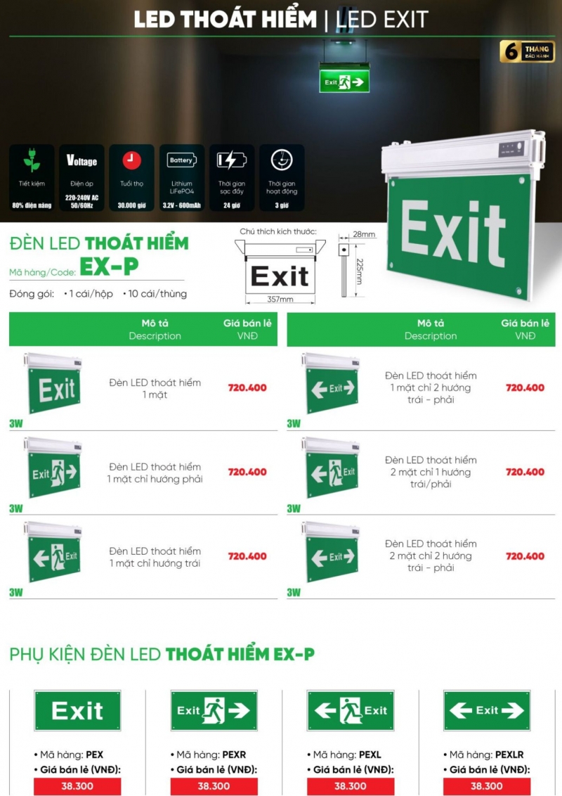 Đèn exit thoát hiểm 1 mặt trái - phải 3W EXLR MPE