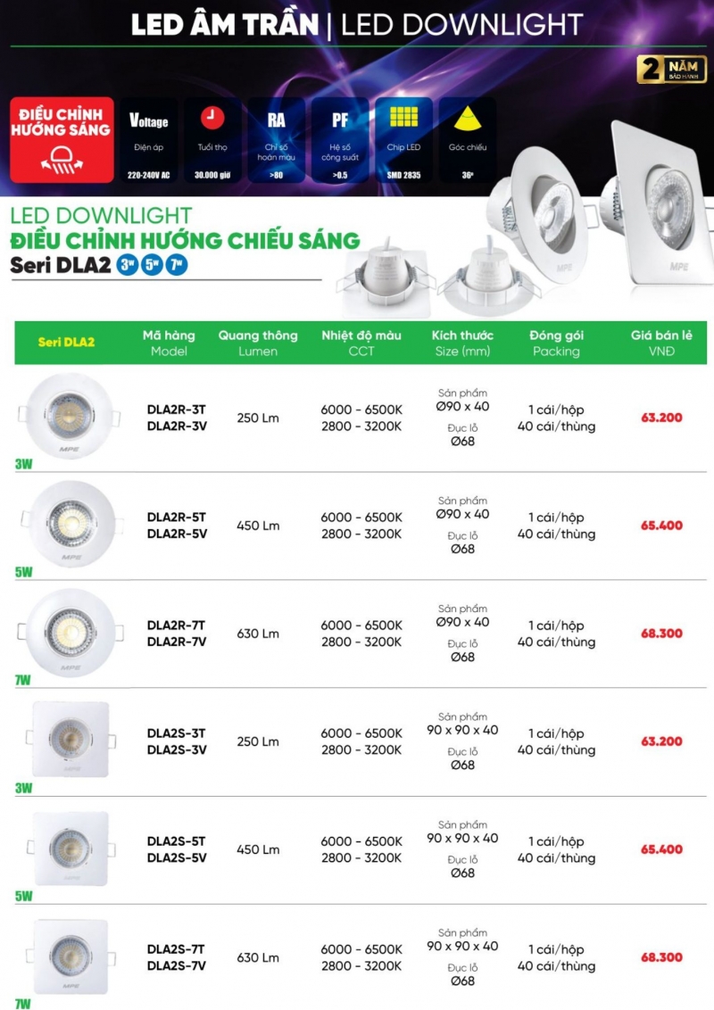 Đèn led âm trần chiếu điểm 7W DLA2R-7V MPE