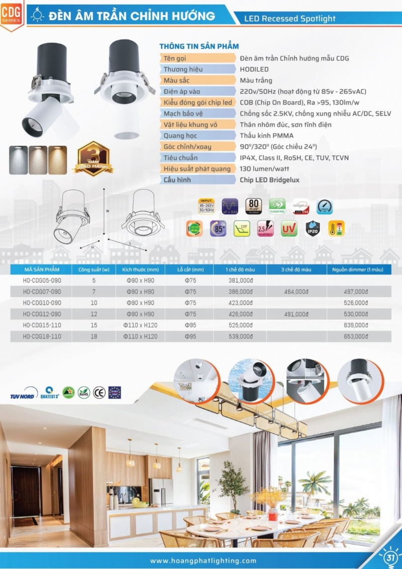 Đèn led âm trần chỉnh hướng Dimmer 10W HO-CDG10-090/DIM Hodiled