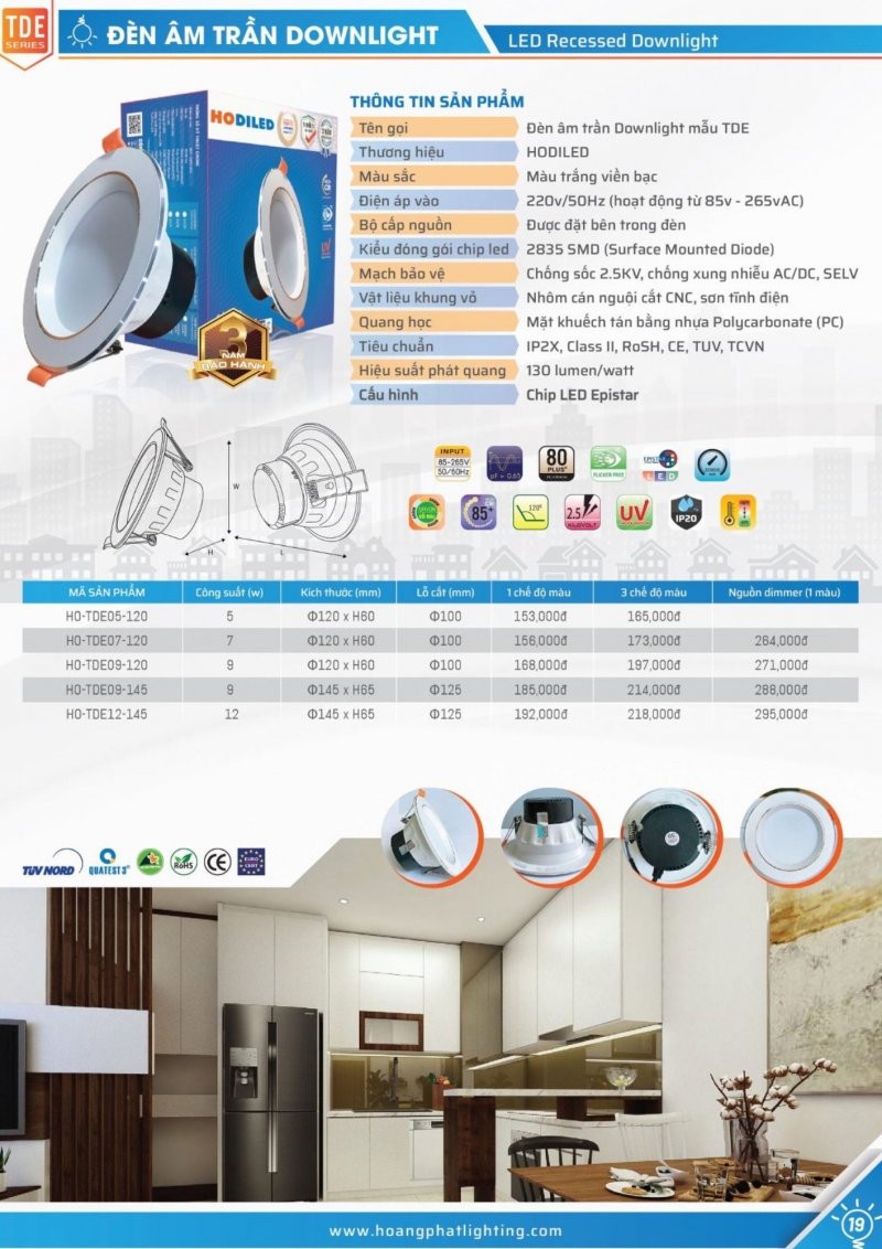 Đèn led âm trần Dimmer 12W HO-TDE12-145/DIM Hodiled