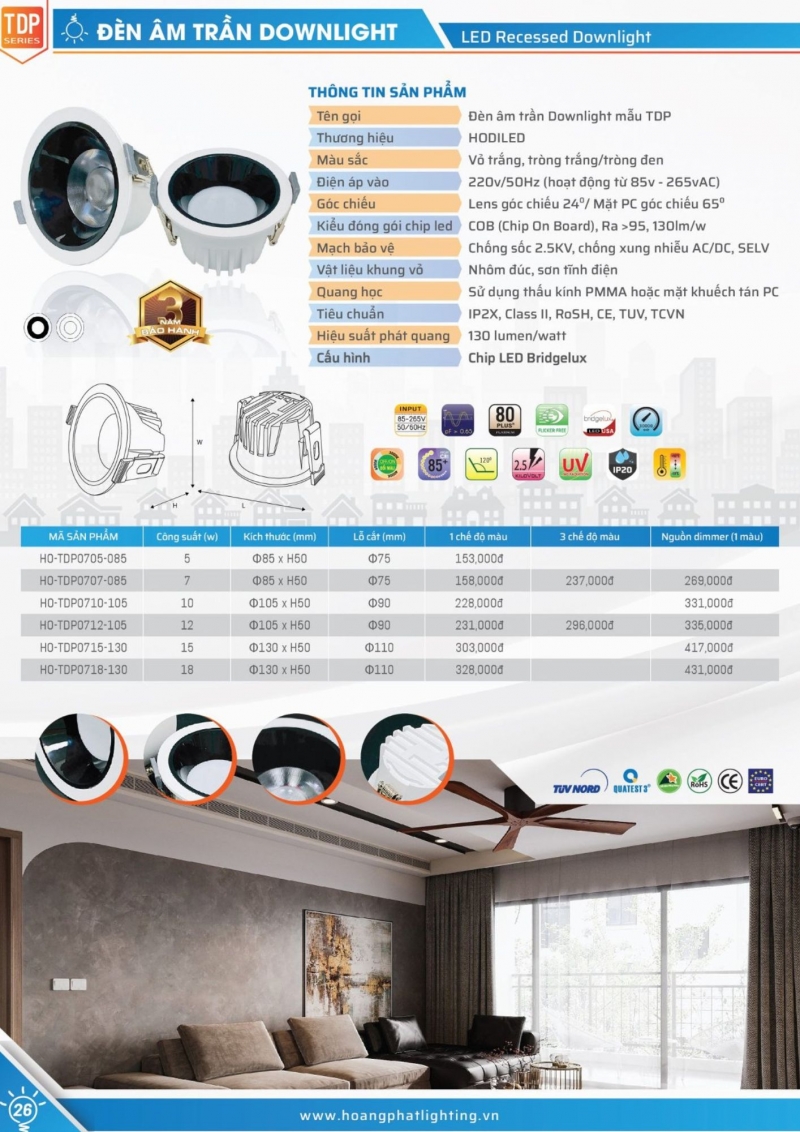 Đèn led âm trần Dimmer 18W HO-TDP0718-130/DIM Hodiled