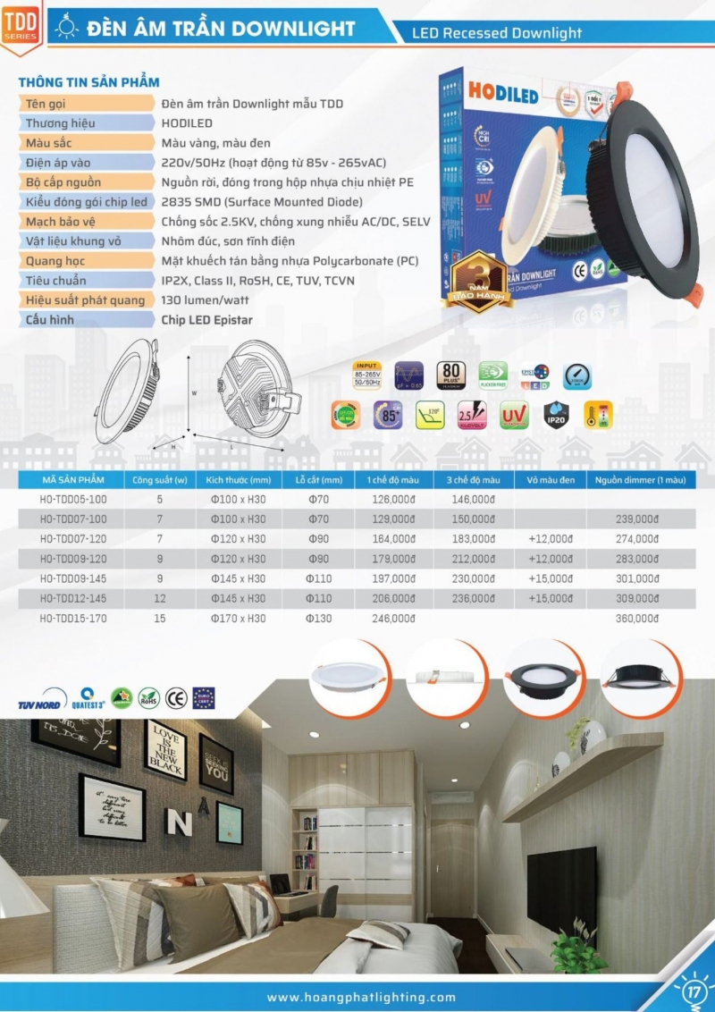 Đèn led âm trần Dimmer 7W HO-TDD07-120D/DIM Hodiled