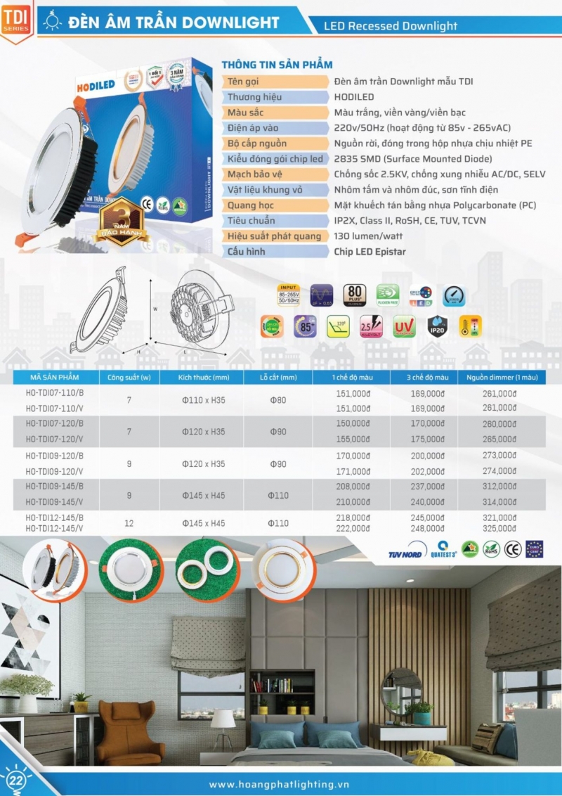 Đèn led âm trần Dimmer 9W HO-TDI09-120/V/DIM Hodiled