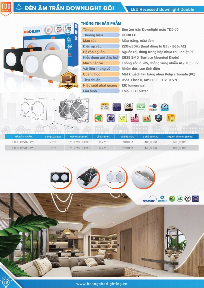 Đèn led âm trần đôi Dimmer 9Wx2 HO-TDD2x09-120D/DIM Hodiled