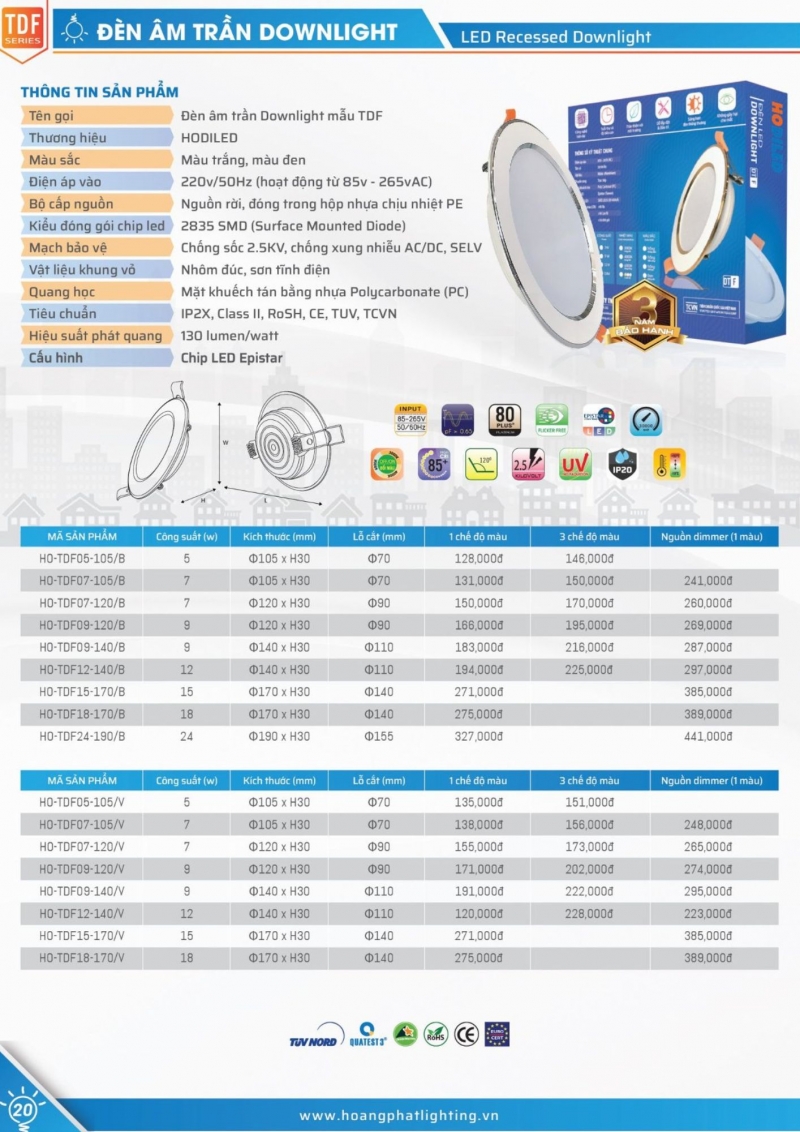 Đèn led âm trần đổi màu 9W HO-TDF09-140/V/ĐM Hodiled