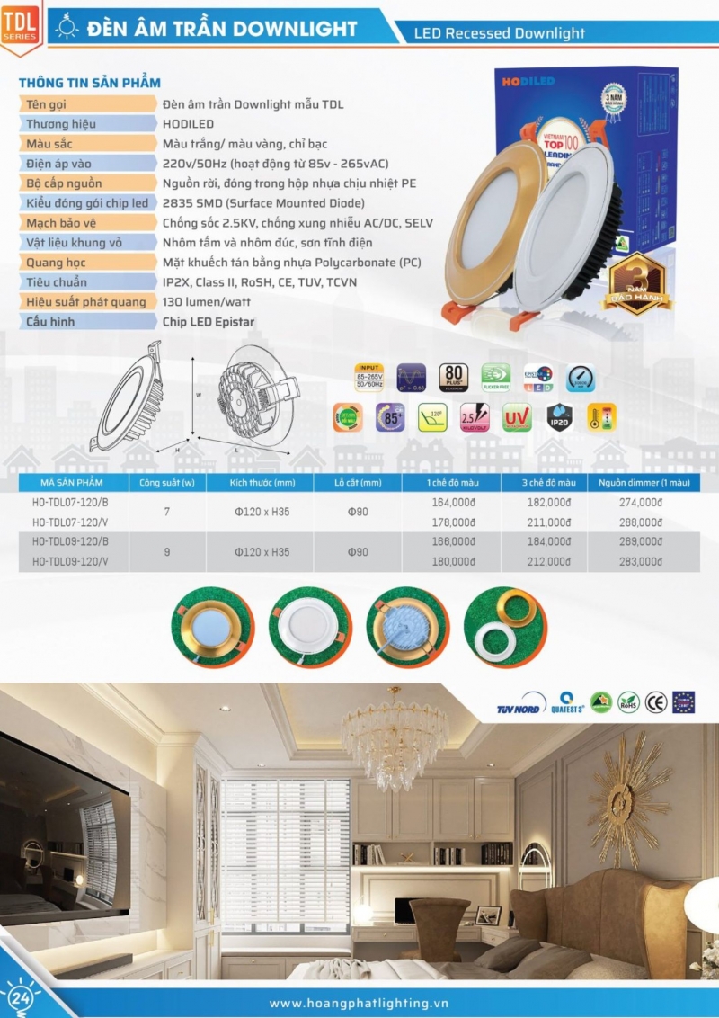 Đèn led âm trần đổi màu 9W HO-TDL09-120/V/ĐM Hodiled