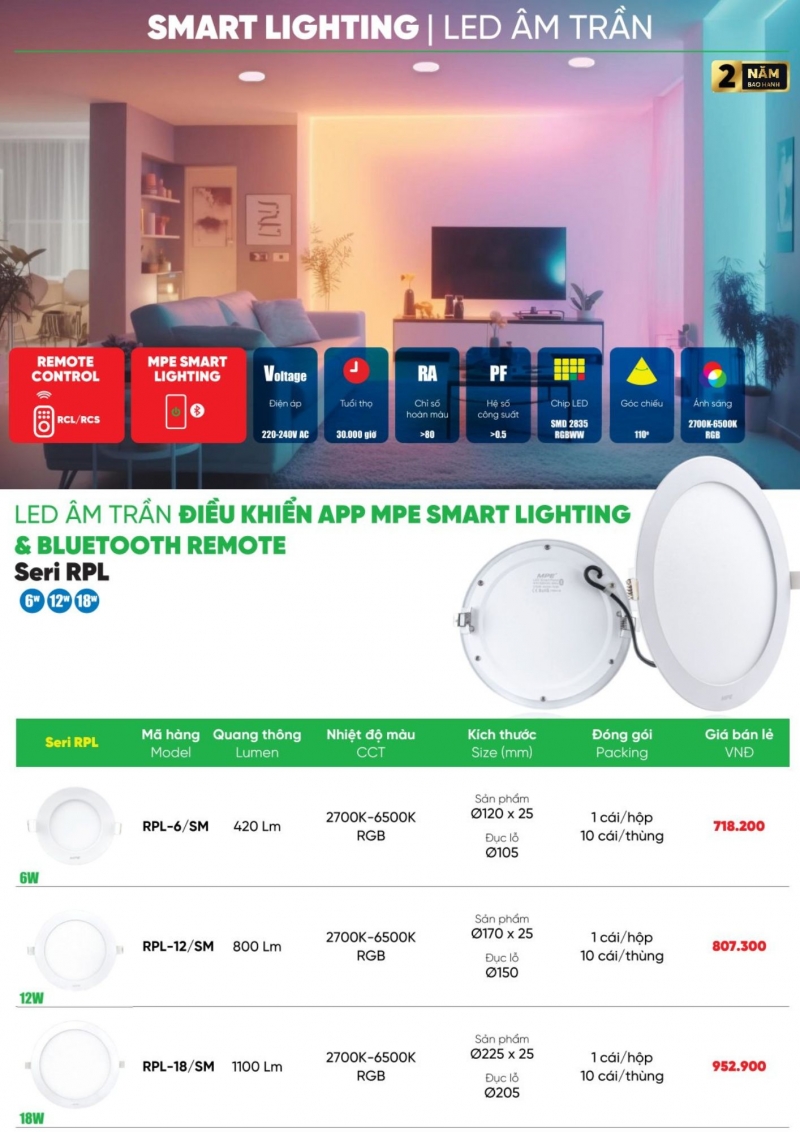Đèn led âm trần thông minh điều khiển BLUETOOTH 6W RPL-6/SM MPE