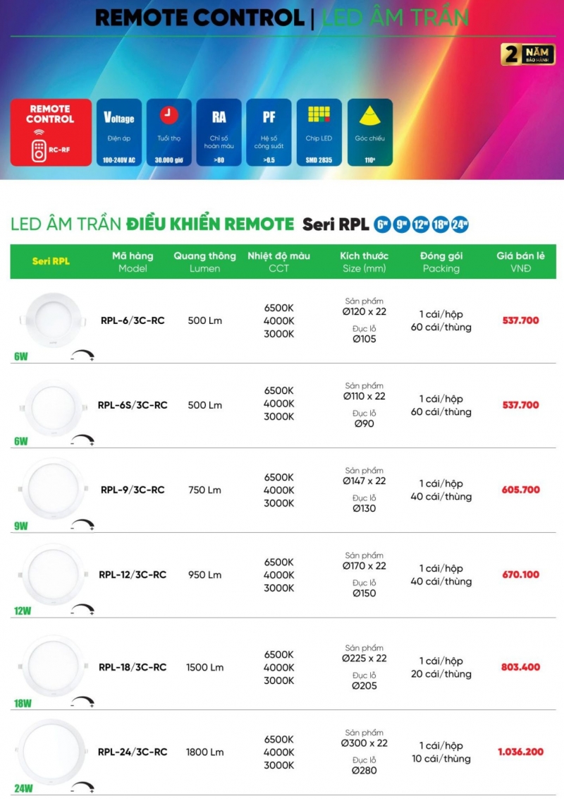 Đèn led âm trần thông minh điều khiển Remote 6W RPL-6S/3C-RC MPE