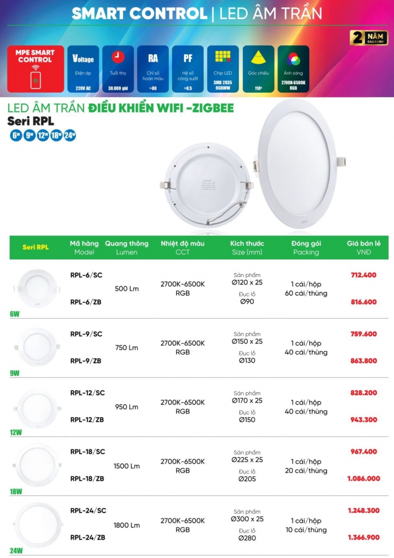 Đèn led âm trần thông minh điều khiển ZIGBEE 9W RPL-9/ZB MPE