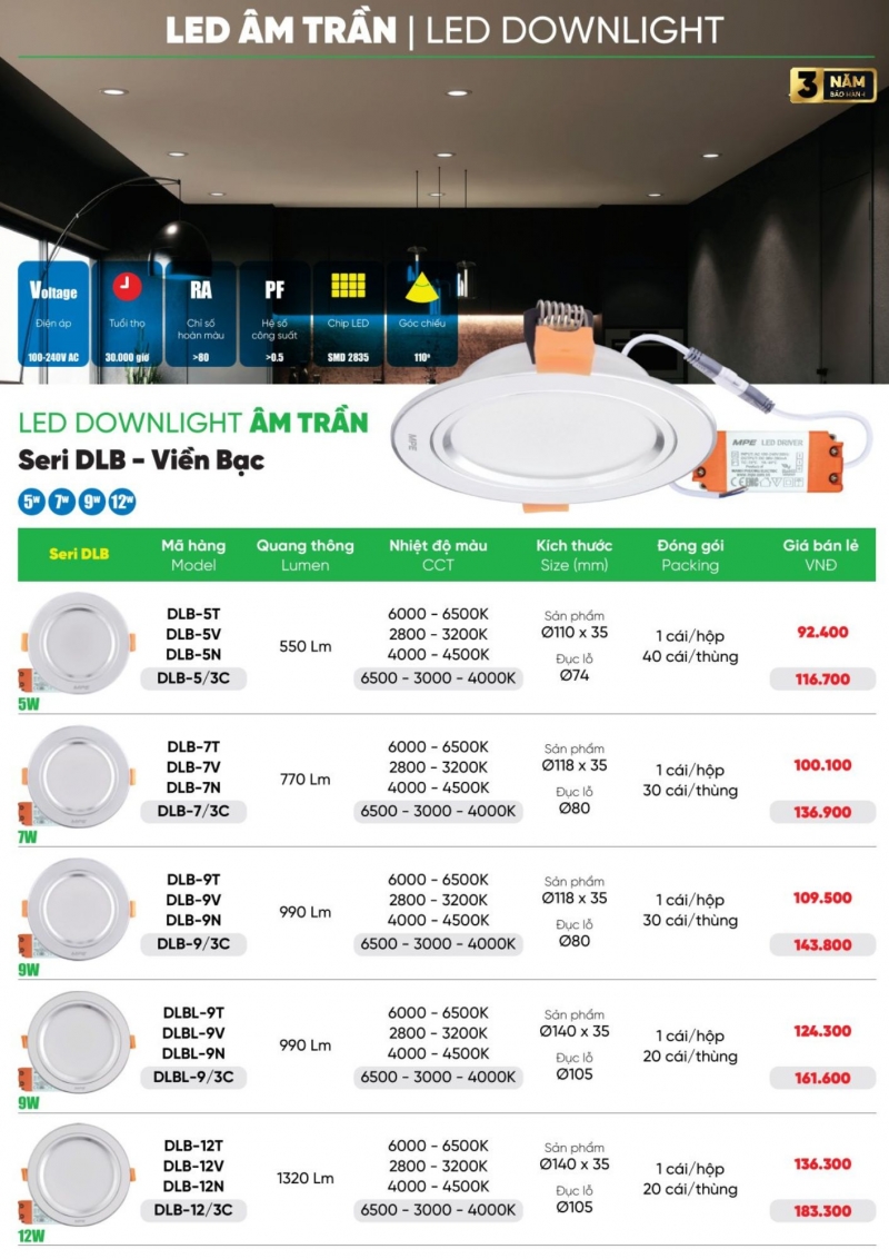 Đèn led âm trần viền bạc 5W DLB-5V MPE