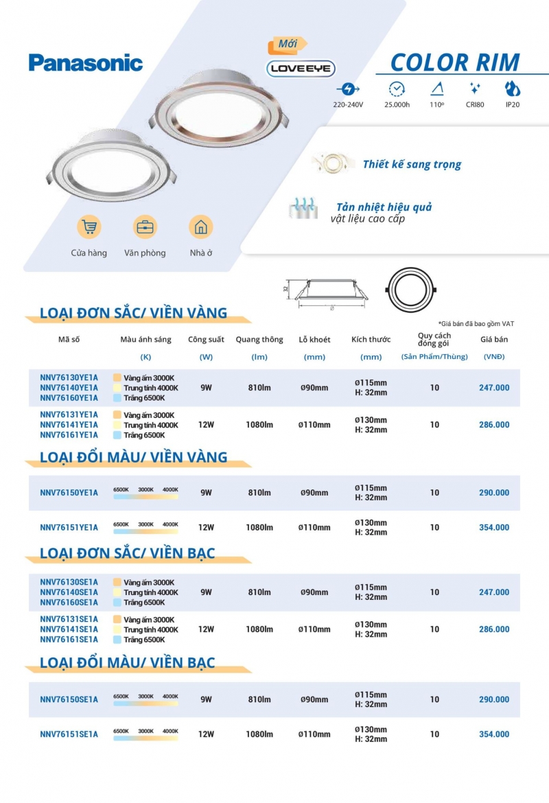 Đèn led âm trần viền vàng 9W NNV76160YE1A Panasonic