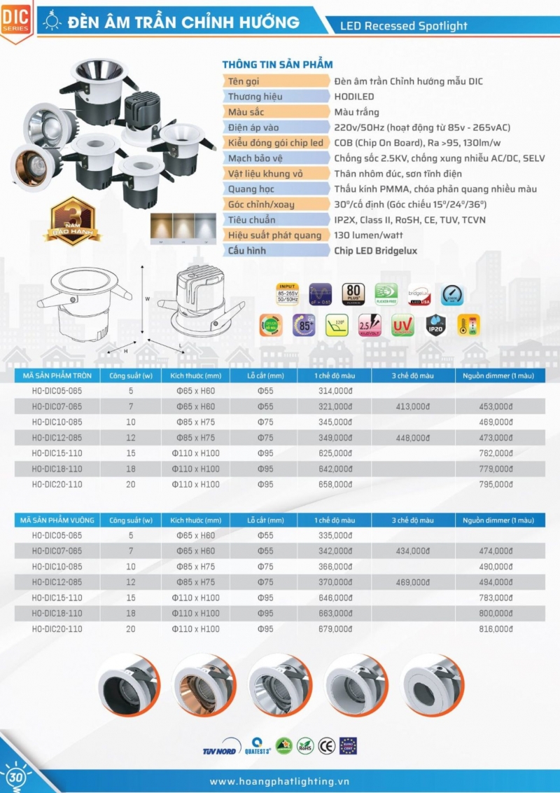 Đèn led âm trần vuông chỉnh hướng 20W HO-DIC20-110 Hodiled