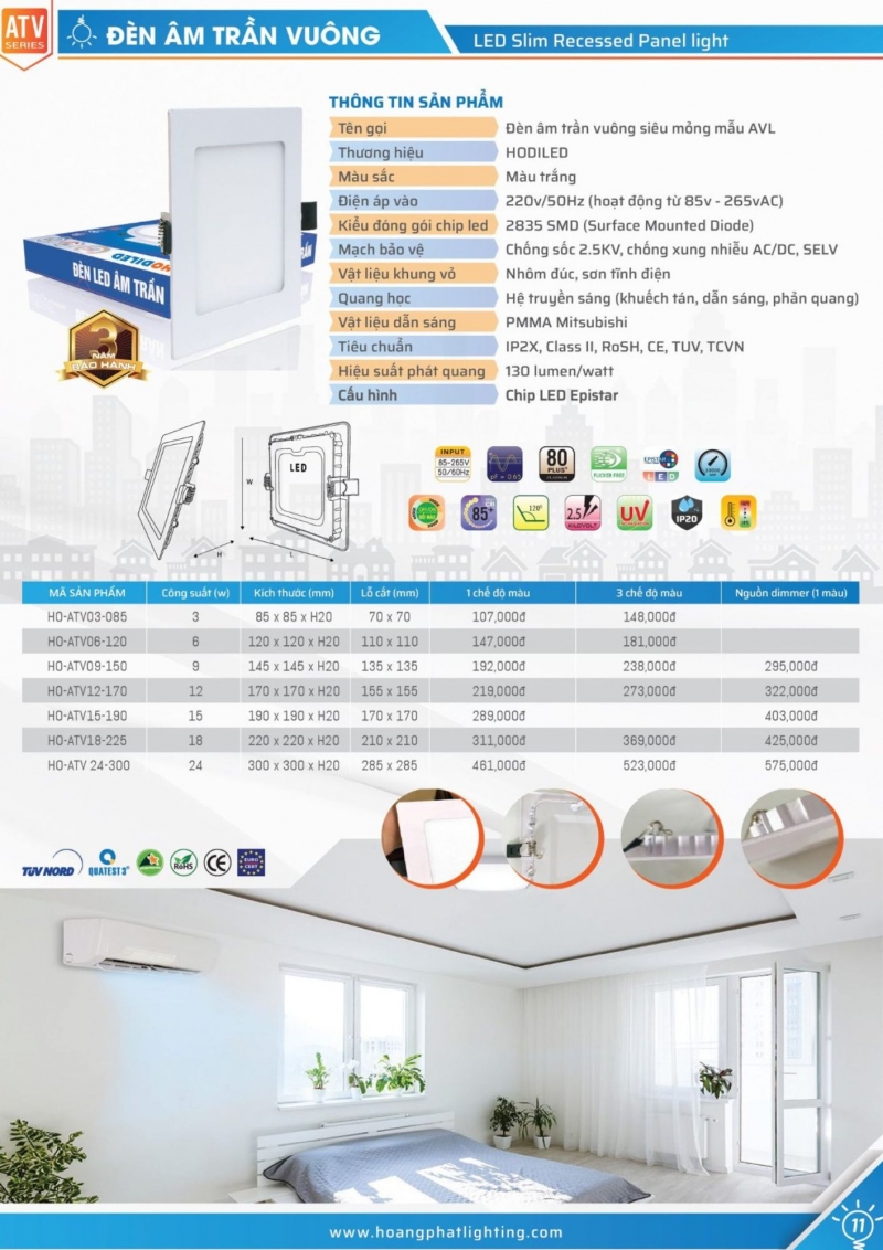 Đèn led âm trần vuông Dimmer 12W HO-AVL12-170/DIM Hodiled