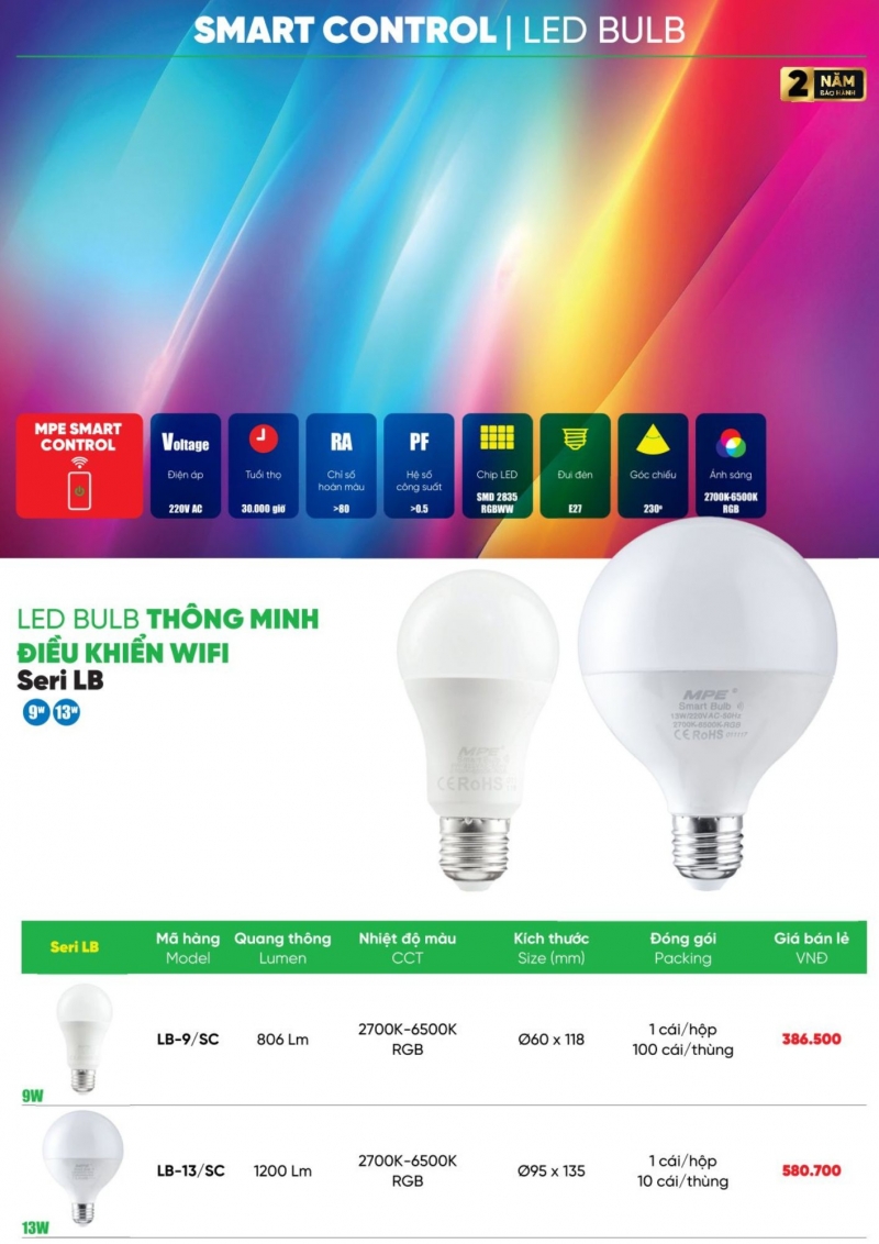 Đèn led bulb thông minh điều khiển WIFI 13W LB-13/SC MPE