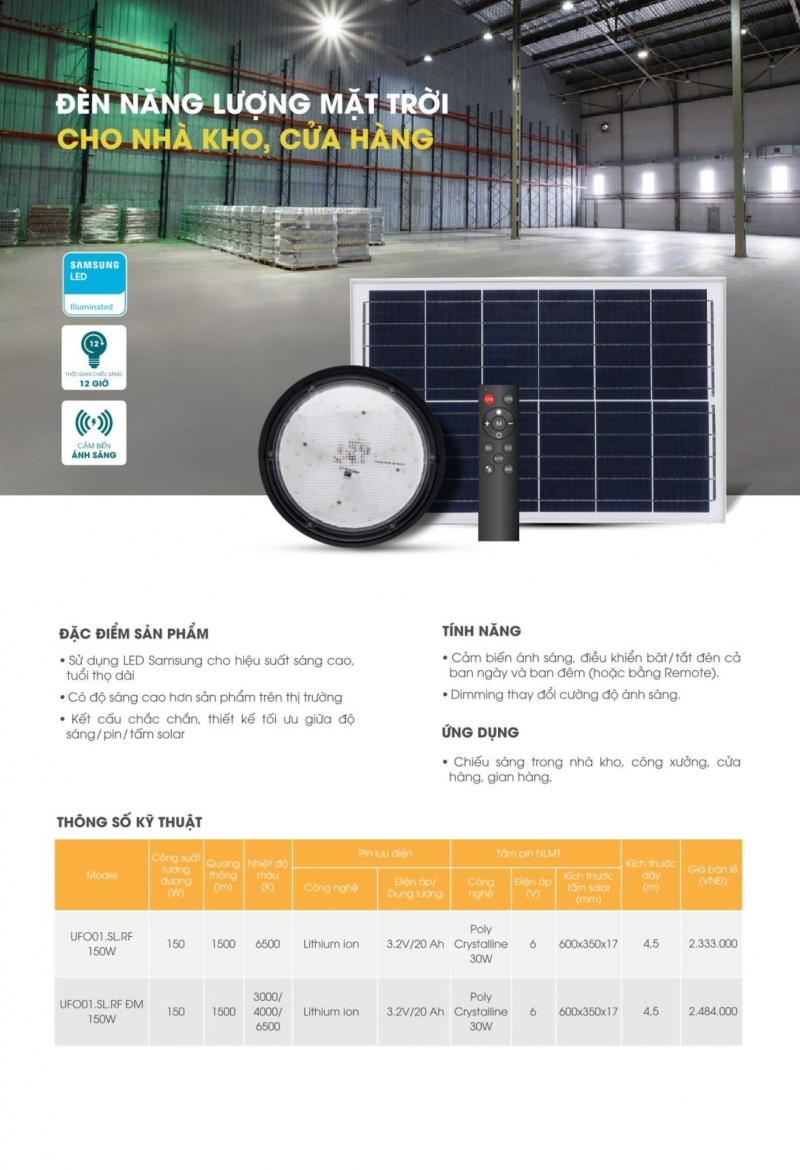 Đèn led nhà xưởng năng lượng mặt trời đổi màu UFO01.SL.RF ĐM 150W Rạng Đông