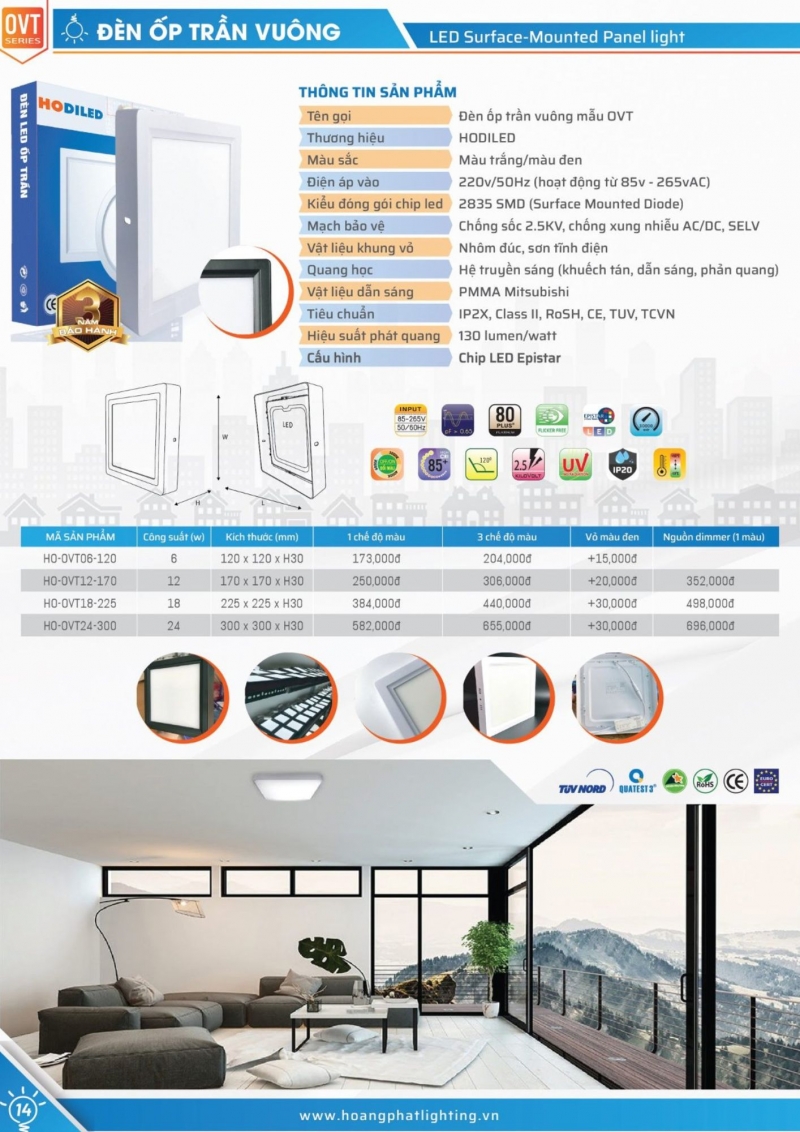 Đèn led ốp trần vuông Dimmer 24W HO-OVD24-300/DIM Hodiled