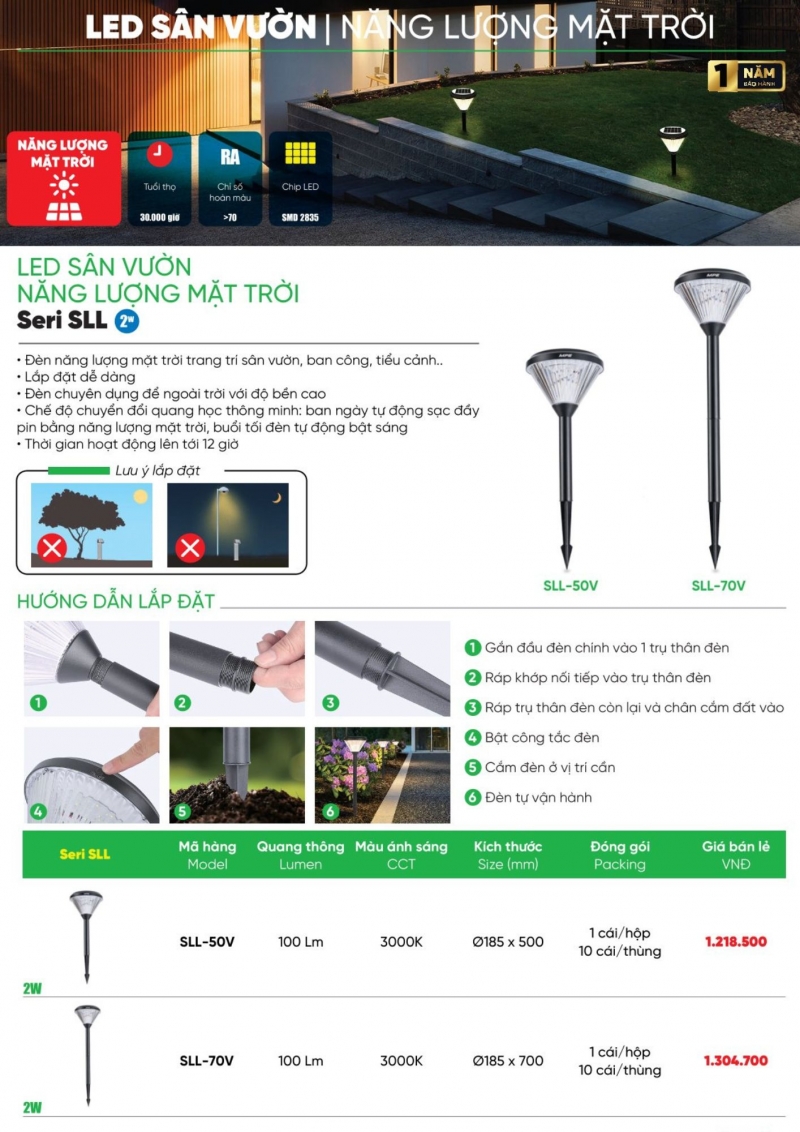 Đèn led sân vườn năng lượng mặt trời 2W SLL-70V MPE