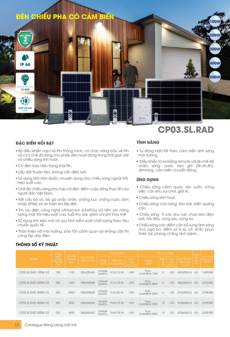Đèn pha led năng lượng mặt trời CP03.SL.RAD 100W.V2 Rạng Đông IP66