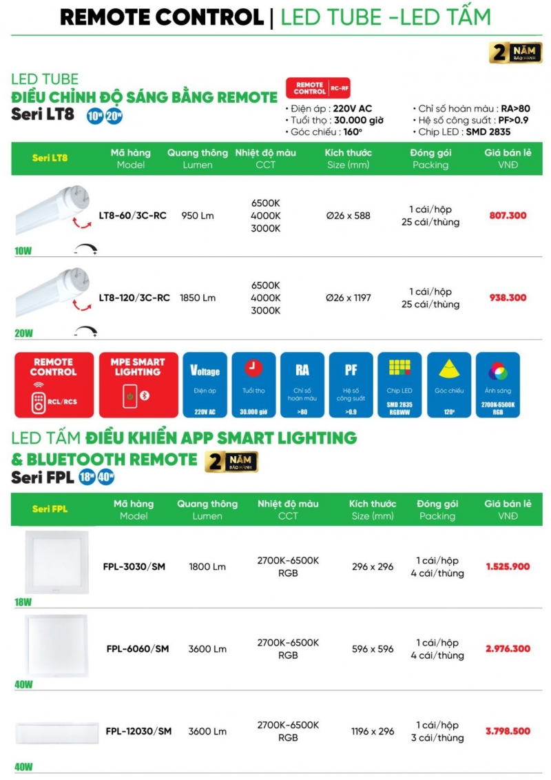 Đèn tuýp led thông minh điều khiển Remote 20W LT8-120/3C-RC 1m2 MPE