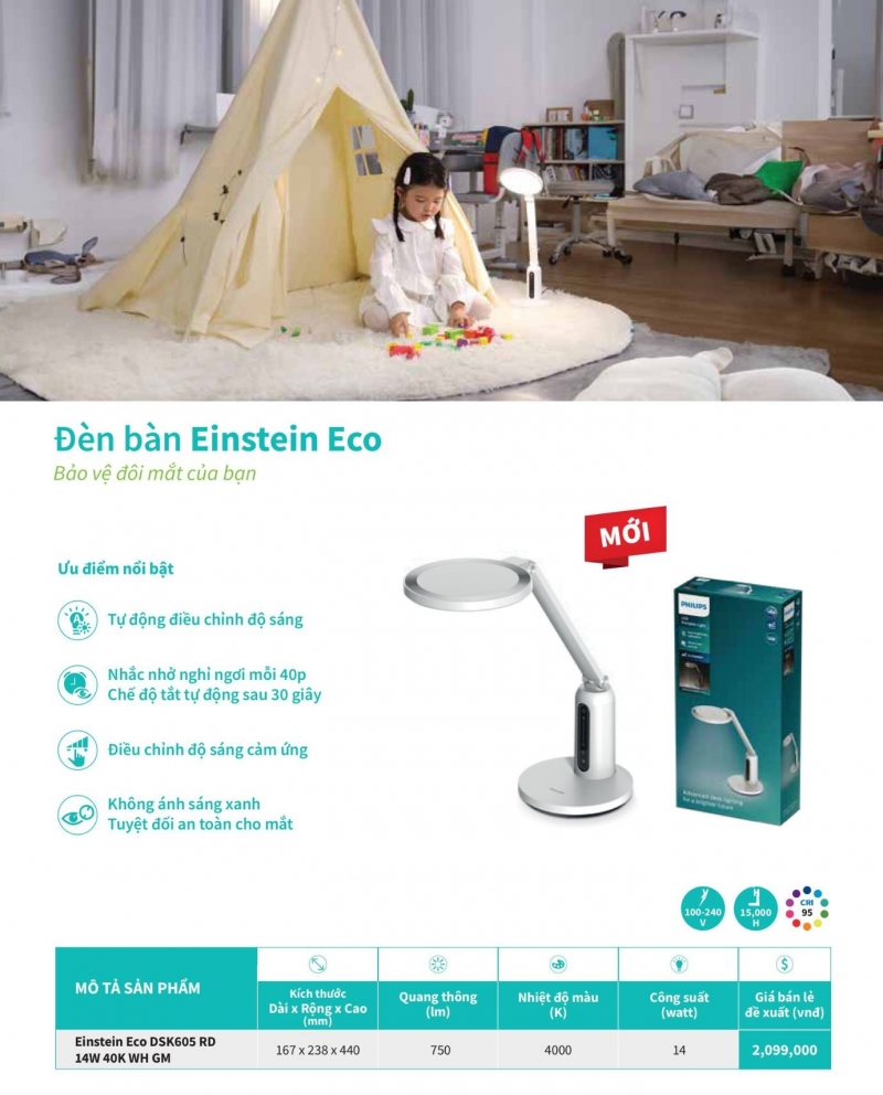 Đèn bàn học led Einstein Eco 14W DSK605 RD 40K WH GM Philips