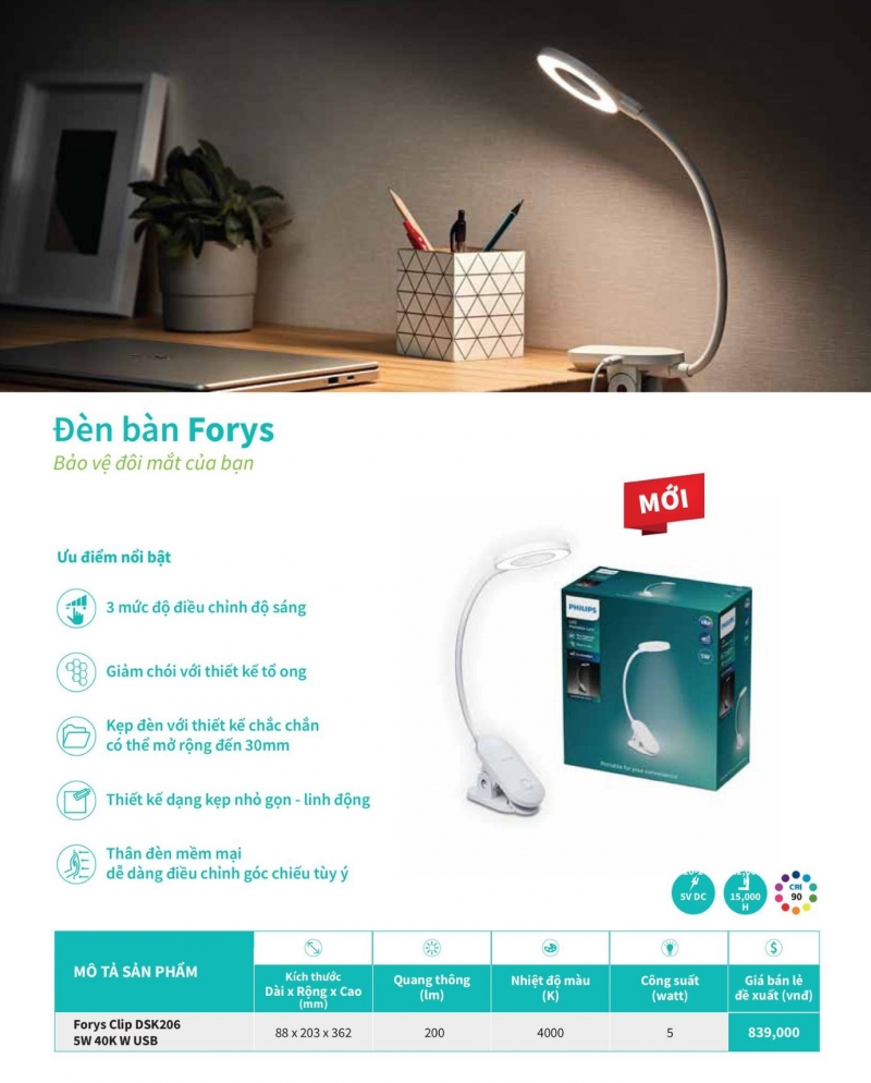 Đèn bàn học led Forys Clip 5W DSK206 40K W USB Philips