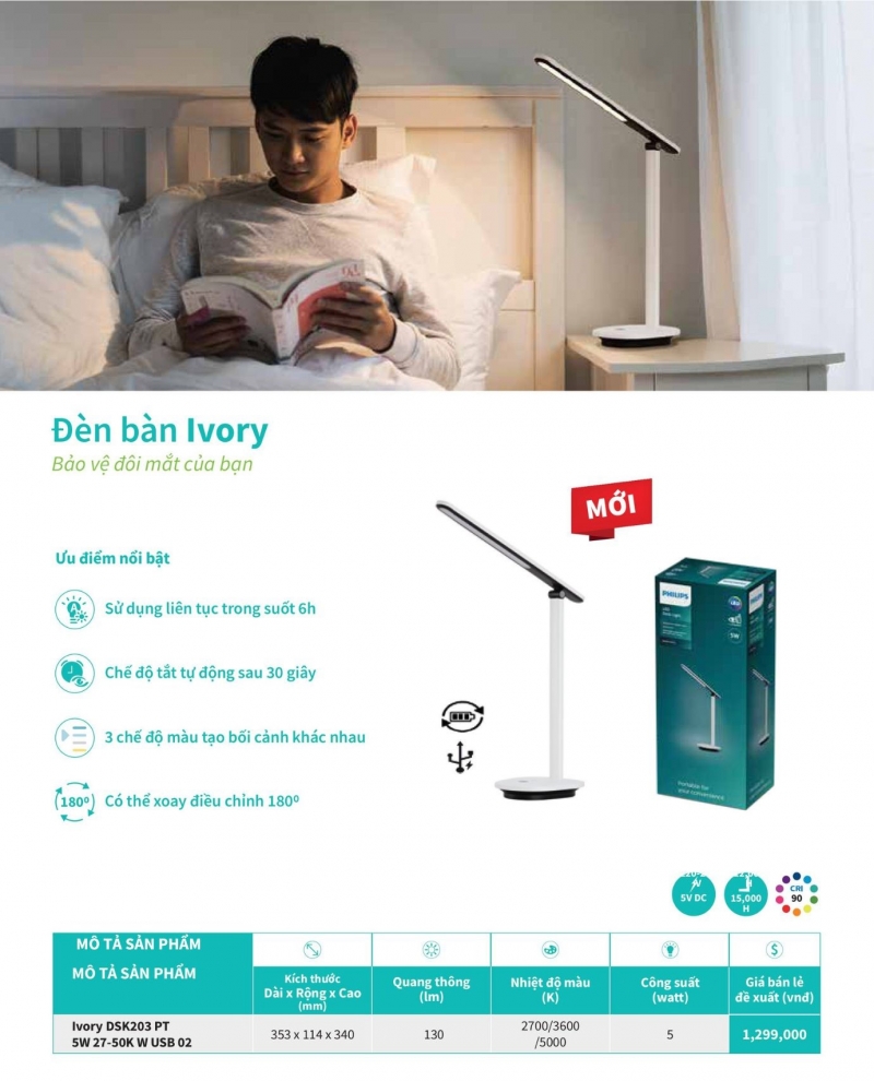 Đèn bàn học led Ivory 5W DSK203 PT 27-50K W USB 02 Philips