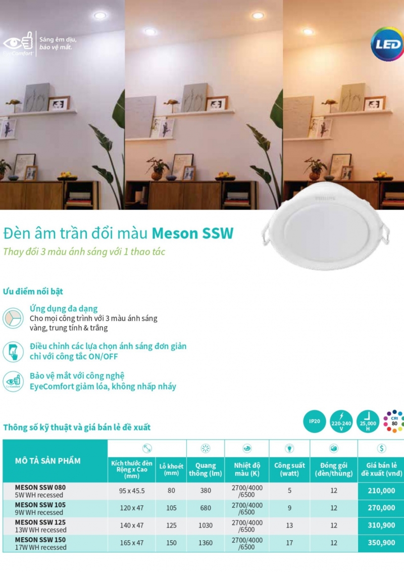 Đèn led âm trần đổi màu Meson SSW 5W 080 WH Philips 