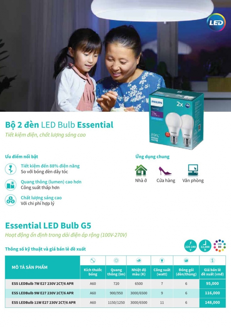 Đèn led bulb ESS G5 7W E27 230V 2CT/6 APR Philips 