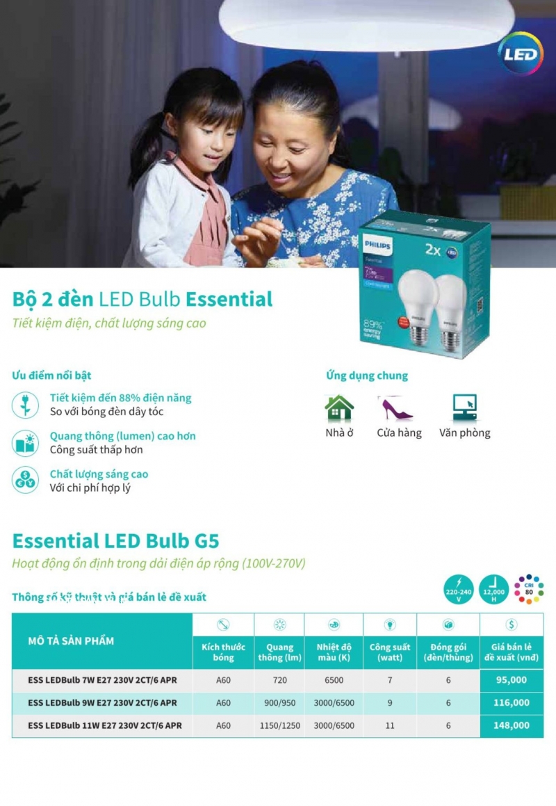 Đèn led bulb ESS G5 9W E27 230V 2CT/6 APR Philips