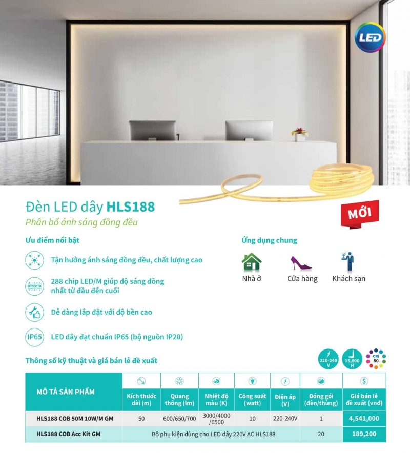 Đèn led dây 10W HLS188 COB 50M M GM Philips IP65