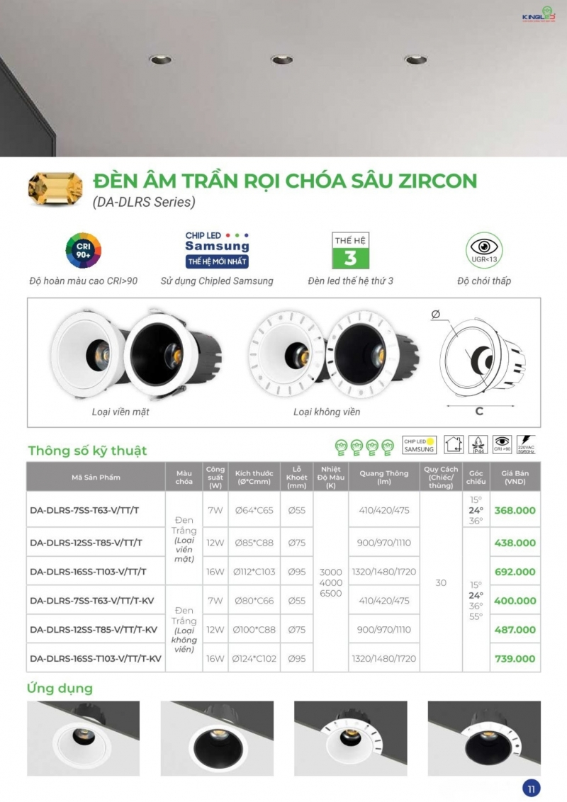 Đèn led âm trần Zircon 12W DA-DLRS-12SS-T85 Kingled
