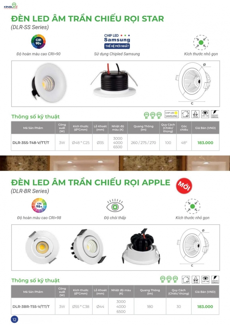 Đèn led âm trần chiếu rọi Apple 3W DLR-3BR-T55 Kingled