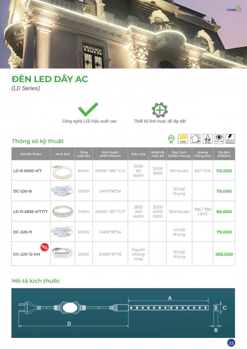 Đèn led dây AC 8W LD-8-5050 50M Kingled