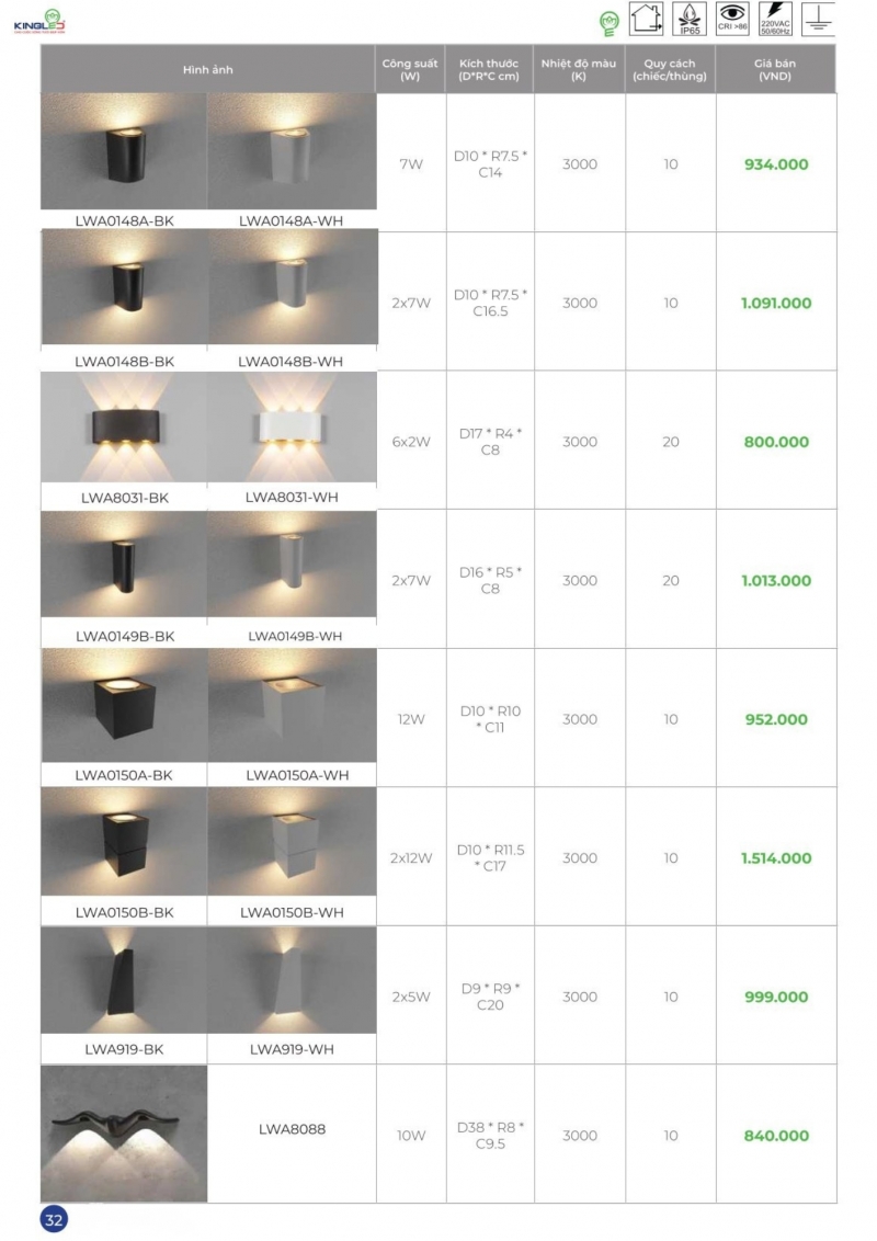 Đèn led gắn tường ngoài trời 2x7W LWA0148B-BK Kingled IP65