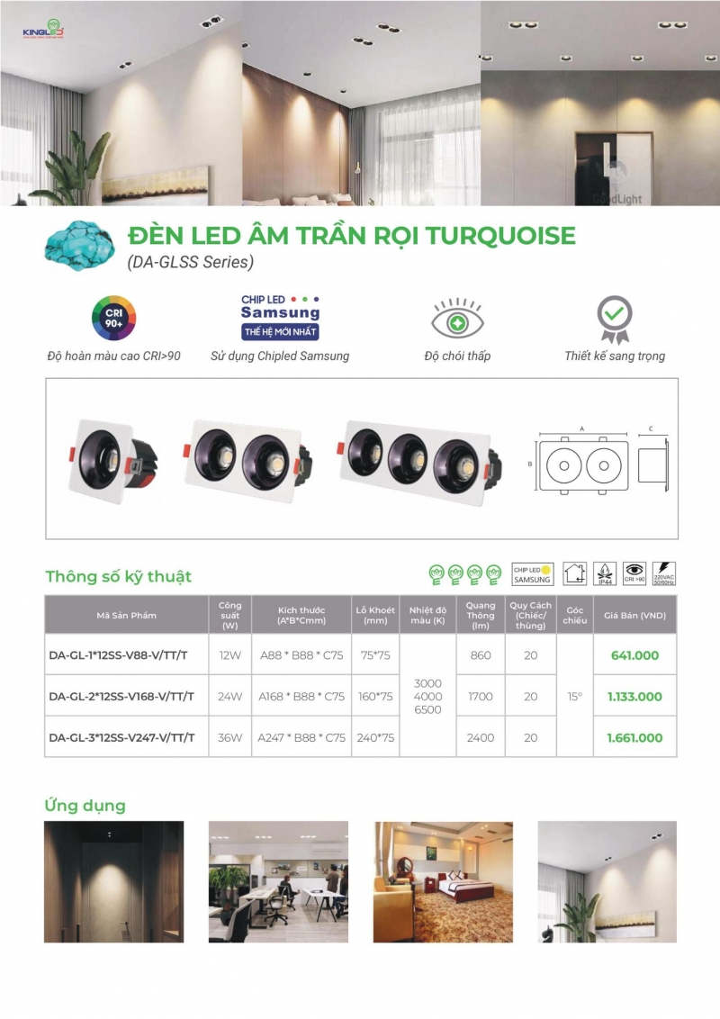 Đèn led âm trần rọi Turquoise 36W DA-GL-3x12SS-V247 Kingled