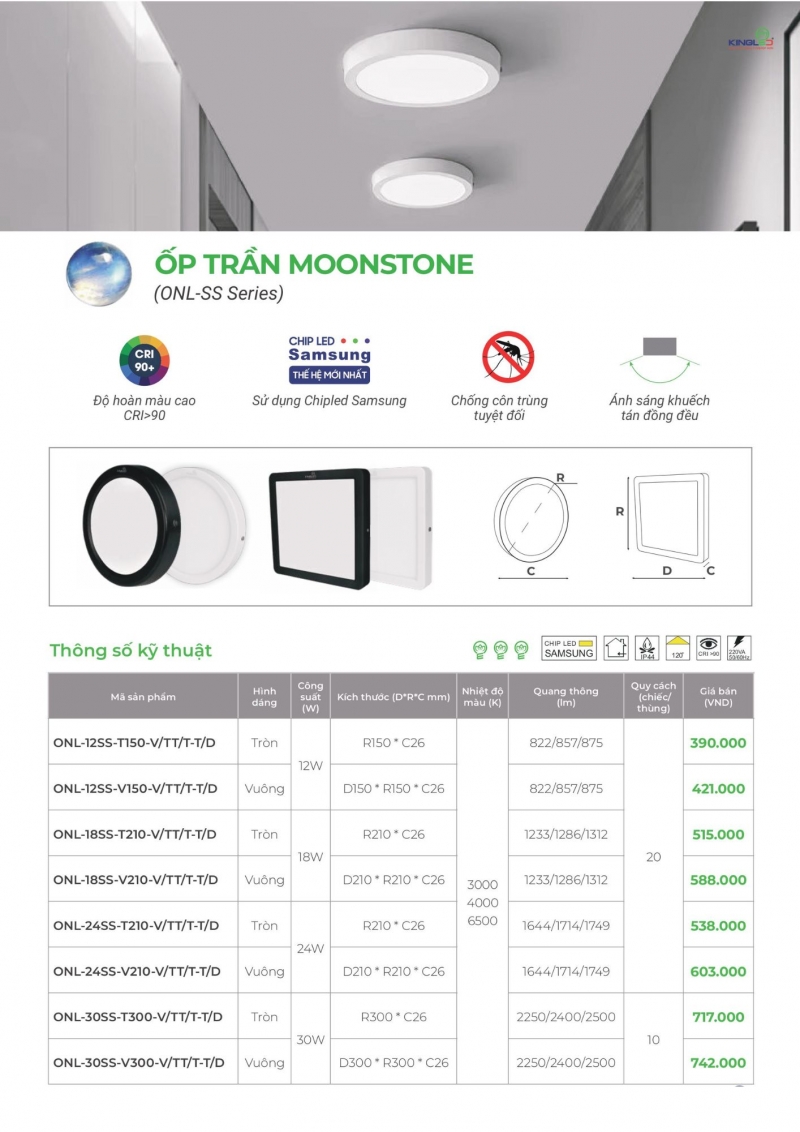 Đèn led ốp trần Moonstone vuông 18W ONL-18SS-V210-T/D Kingled