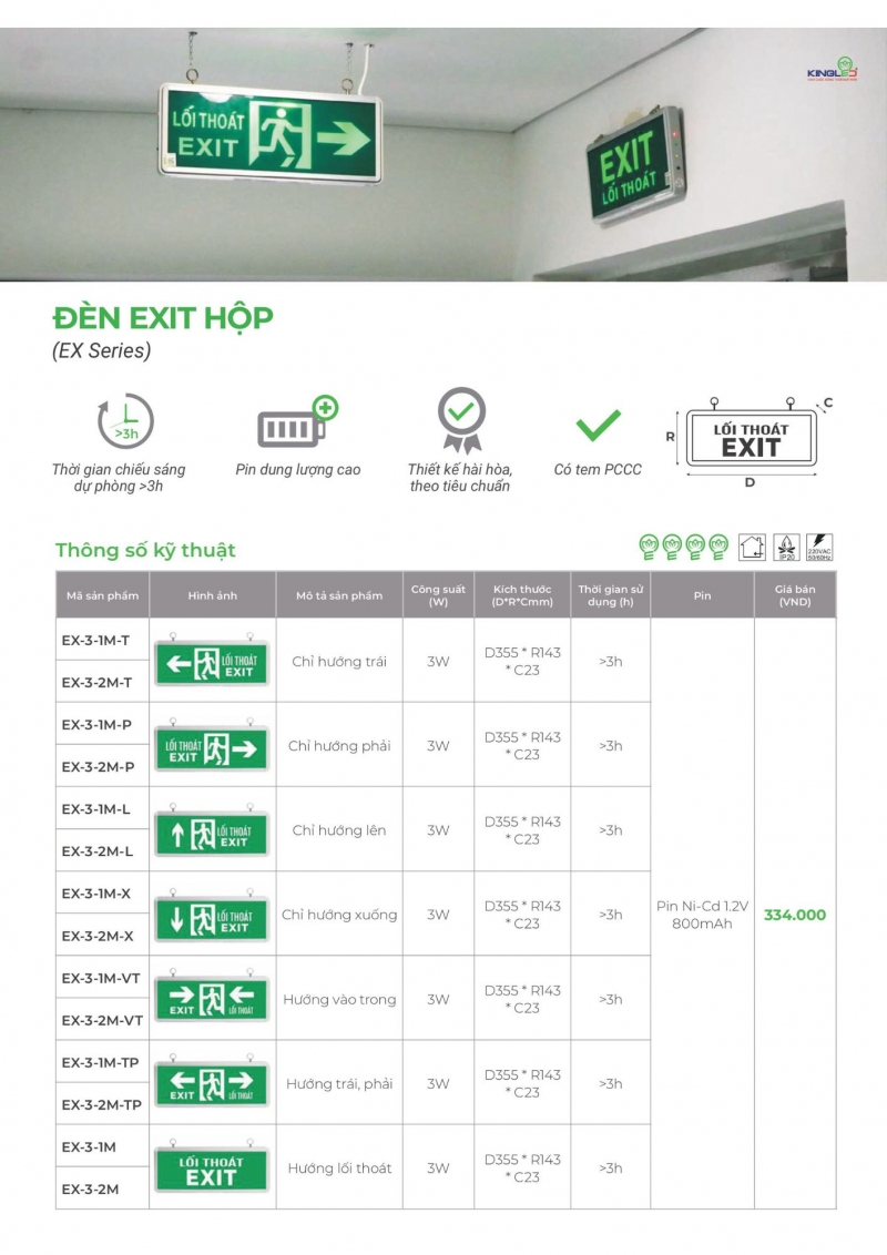 Đèn exit 1 mặt chỉ hướng trái 3W EX-3-1M-T Kingled