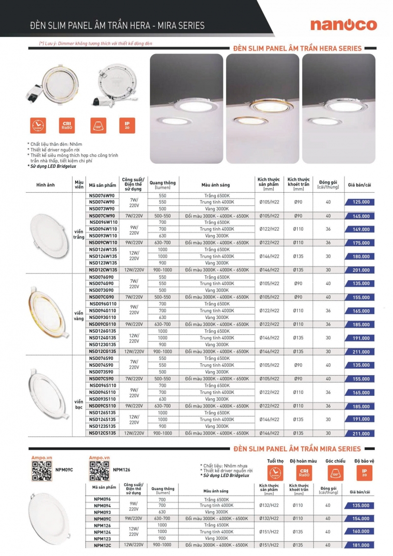 Đèn led âm trần viền trắng 9W NSD096W110 Nanoco