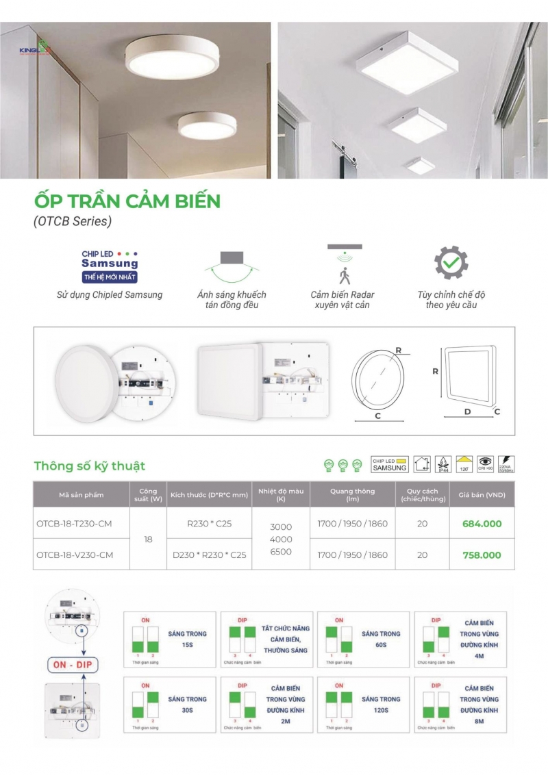Đèn led ốp trần cảm biến 18W OTCB-18-T230-CM Kingled