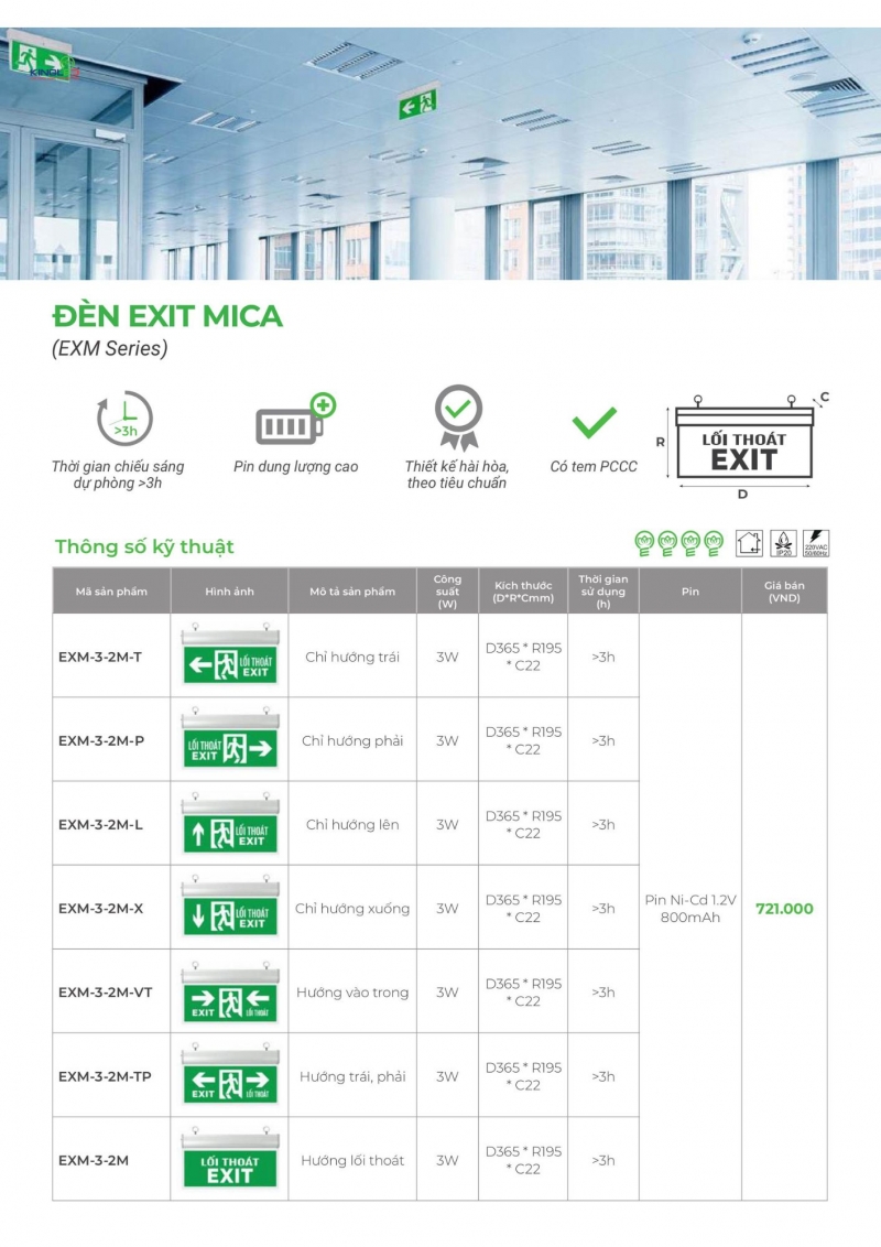 Đèn exit Mica hướng trái, phải 3W EXM-3-2M-TP Kingled