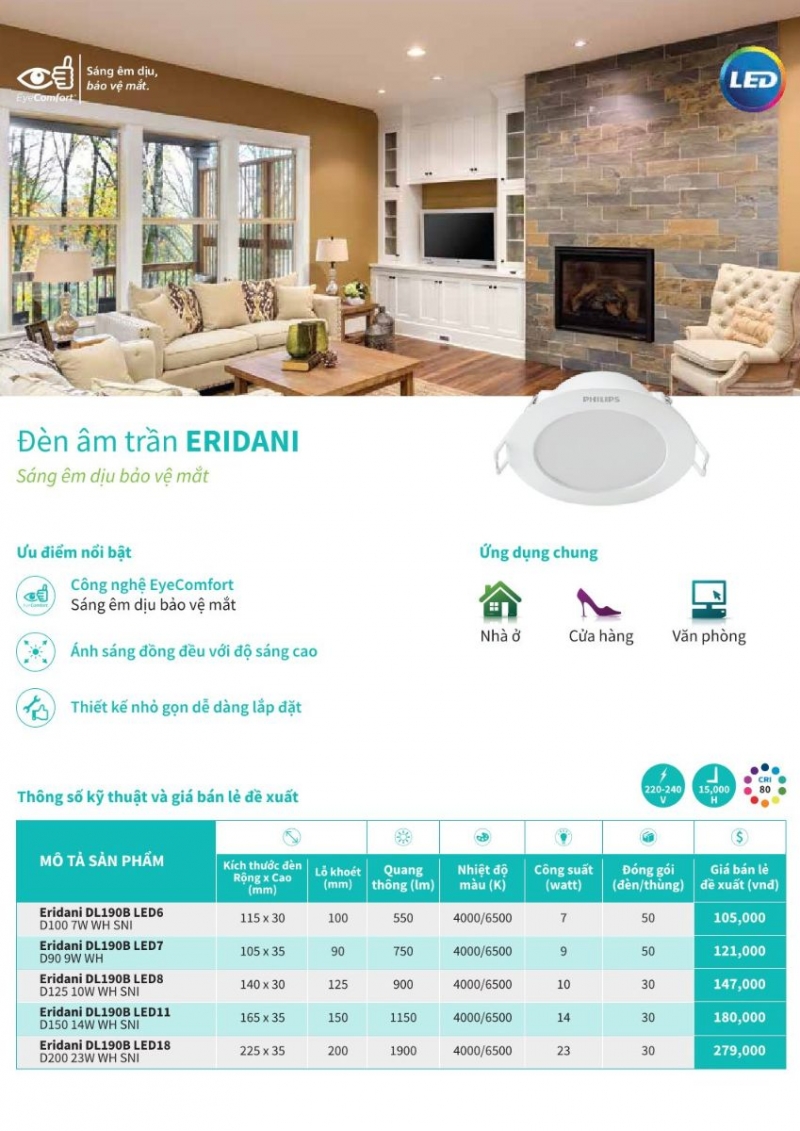 Đèn led âm trần Eridani 9W DL190B LED7 D90 WH Philips 